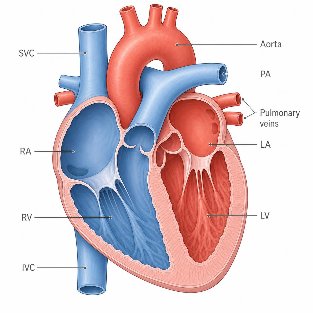Anatomical illustration of the heart showing the four chambers (RA, LA, RV, LV) and the great vessels (aorta, pulmonary artery, SVC, IVC, pulmonary veins)